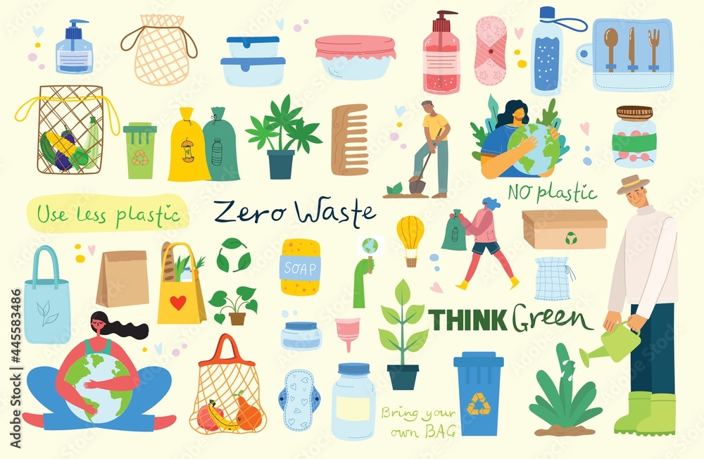 Hand drawn elements of zero waste life in vector. Eco style. No plastic. Go green