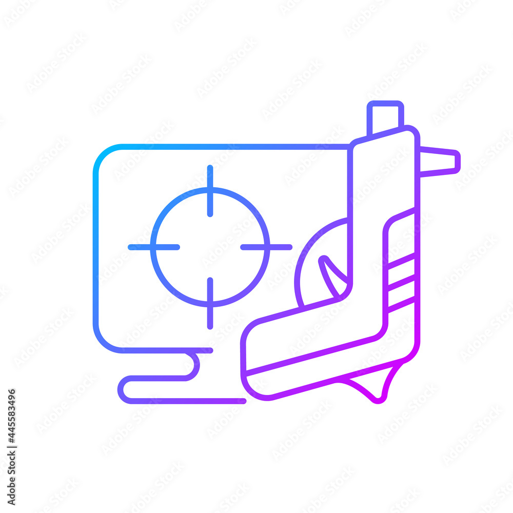 Shooter game gradient linear vector icon. Action based genre focused on defeating enemies. Shooting characters. Thin line color symbols. Modern style pictogram. Vector isolated outline drawing Shooter game gradient linear vector icon. Action based genre focused on defeating enemies. Shooting characters. Thin line color symbols. Modern style pictogram. Vector isolated outline drawing