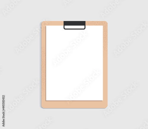 Clipboard with a blank white sheet of paper for taking notes, writing, planning. Top view of a document on a light grey background. Isolated flat vector illustration