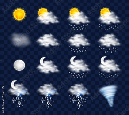 Realistic weather icons set isolated on transparent background. Meteorologic calendar day, night 3d pictograms collection