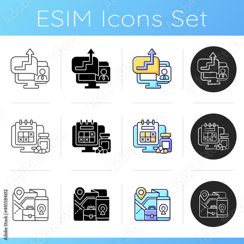 Work monitoring icons set. Video coaching for businessman. Calendar with marked sick leave. Gps tracker for employee. Linear, black and RGB color styles. Isolated vector illustrations