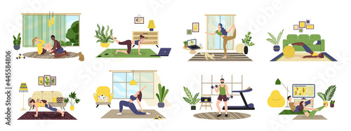 People doing exercises with dumbbell, squat, practice yoga. Man, woman, family doing sports at home
