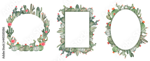 Watercolor set of wild cactus frames. Desert blooming cacti templates for text placement, photos, postcards, etc.