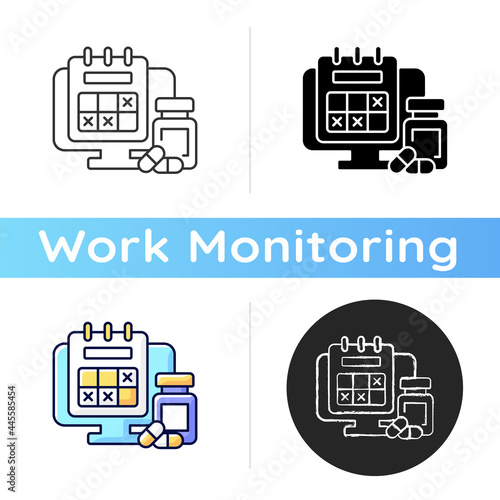 Tracking sick leave time icon. Scheduling days off for employee during illness. Doctor visits. Worker management. Work monitoring. Linear black and RGB color styles. Isolated vector illustrations