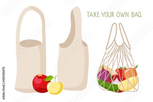 Take your own bag. Eco bag set. Canvas shoppers and string bag with vegetables. Ecological fabric package. No plastic. Environmentally responsible behavior. Isolated on white flat illustration.