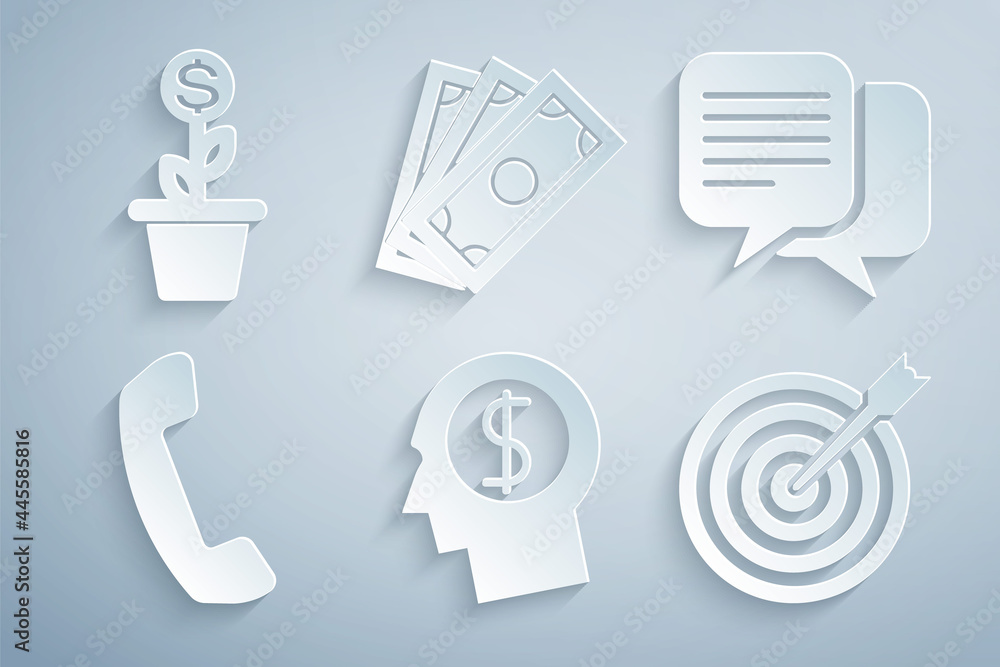 Set Business man planning mind, Chat, Telephone handset, Target with arrow, Stacks paper money cash and Dollar plant the pot icon. Vector Set Business man planning mind, Chat, Telephone handset, Target with arrow, Stacks paper money cash and Dollar plant the pot icon. Vector