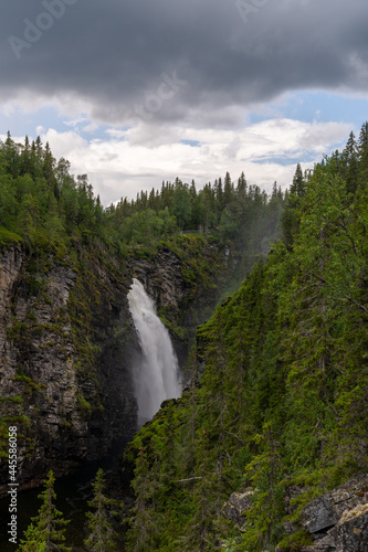 view of the Hallingsafallet waterfall in northern Sweden
