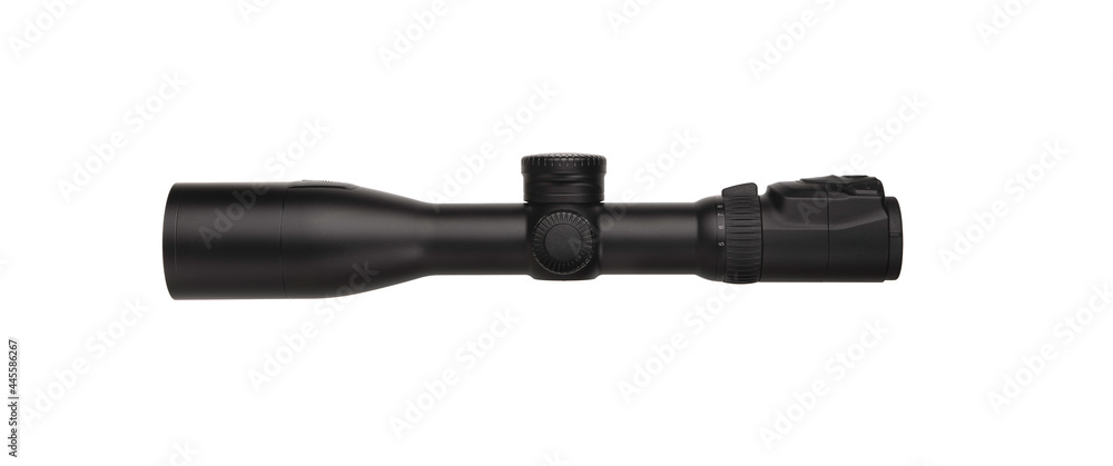 modern black optical scope for weapon isolated on whited. sight scope isolated on white back. modern black optical scope for weapon isolated on whited. sight scope isolated on white back.