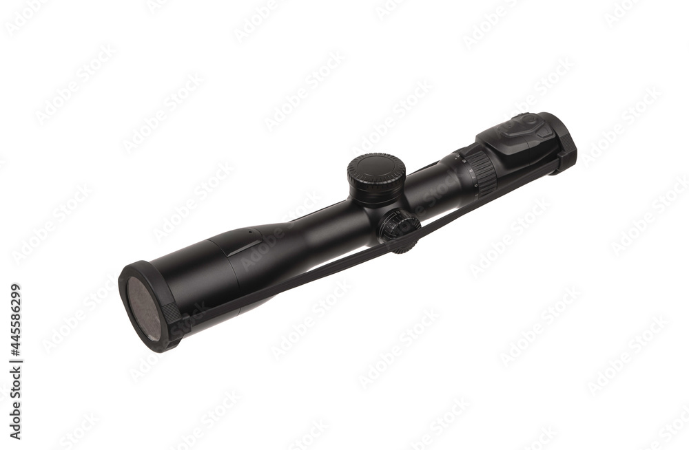 modern black optical scope for weapon isolated on whited. sight scope isolated on white back. modern black optical scope for weapon isolated on whited. sight scope isolated on white back.