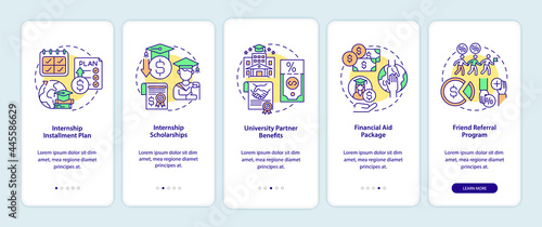Internship programs financing options onboarding mobile app page screen. Scholarship walkthrough 5 steps graphic instructions with concepts. UI, UX, GUI vector template with linear color illustrations