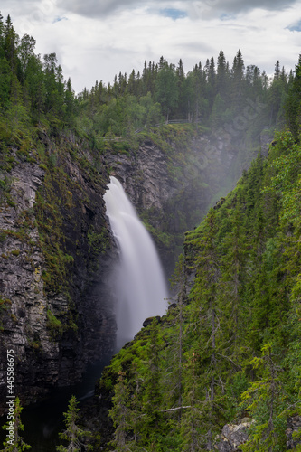 view of the Hallingsafallet waterfall in northern Sweden