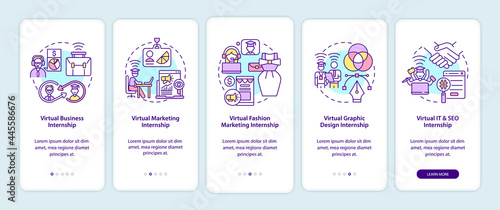 Top virtual internship areas onboarding mobile app page screen. Business, marketing walkthrough 5 steps graphic instructions with concepts. UI, UX, GUI vector template with linear color illustrations