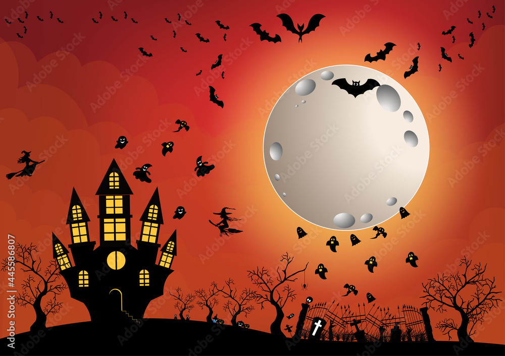 Halloween and full moon in the dark night.Dark castle on full Moon background.Ghost and flying bats, tomb,scary,decoration.Vector Halloween party decoration and flat style concept.