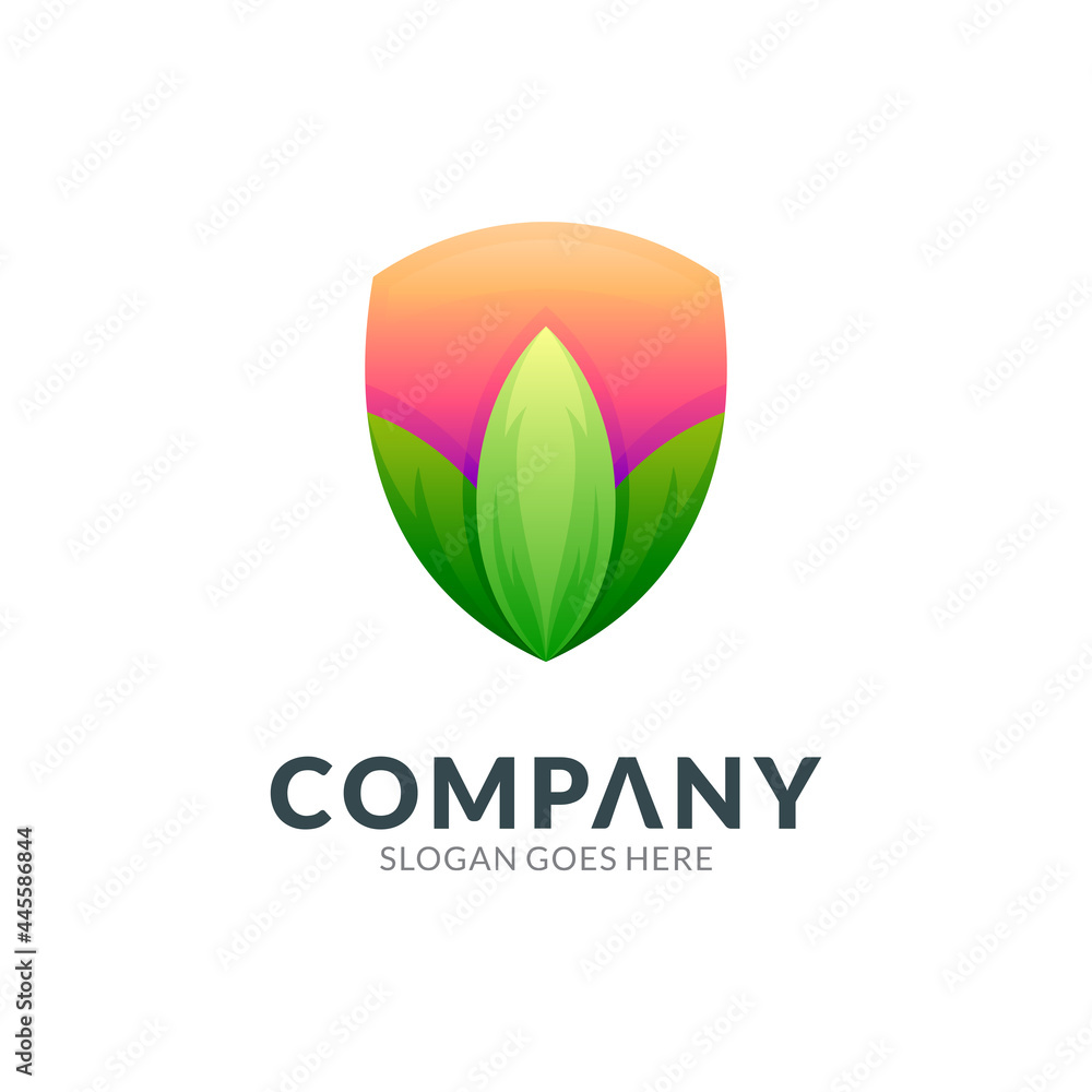 Obraz premium Shield and leaf logo design vector icon of nature protection - modern emblem badge symbol