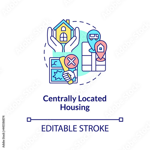 Centrally located housing concept icon. Internship program benefit abstract idea thin line illustration. Providing safe environment. Vector isolated outline color drawing. Editable stroke