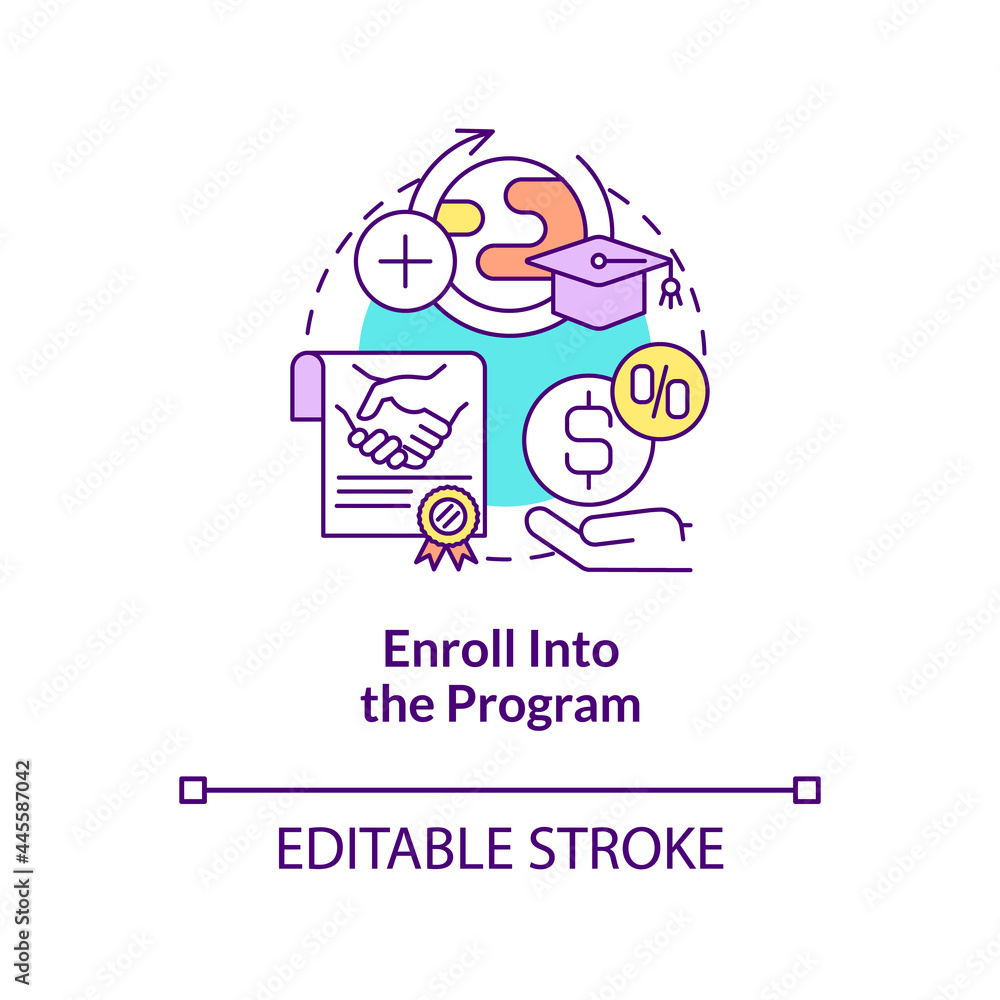 Enroll into internship program concept icon. Intern procedure abstract idea thin line illustration. Registration in study course at college. Vector isolated outline color drawing. Editable stroke Enroll into internship program concept icon. Intern procedure abstract idea thin line illustration. Registration in study course at college. Vector isolated outline color drawing. Editable stroke