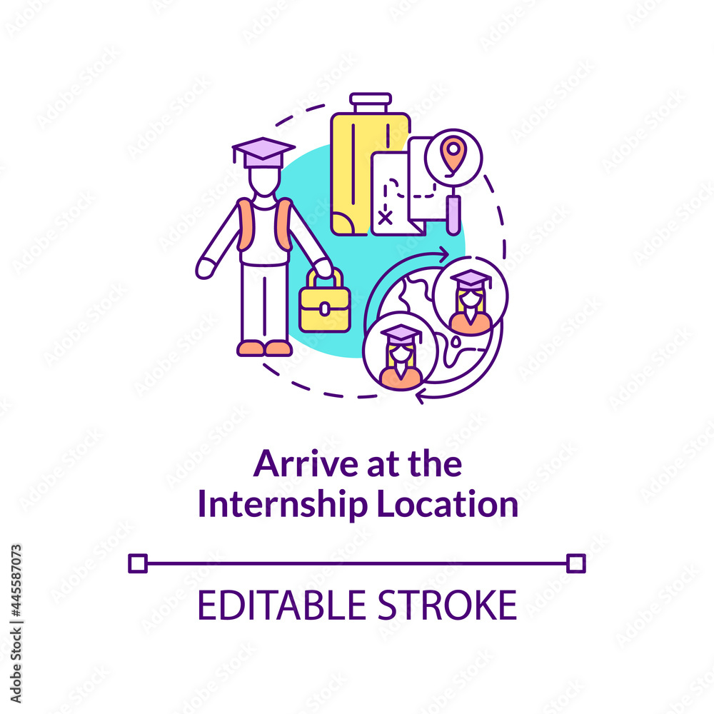 Arrive at internship location concept icon. International internship procedure step abstract idea thin line illustration. Interning abroad. Vector isolated outline color drawing. Editable stroke