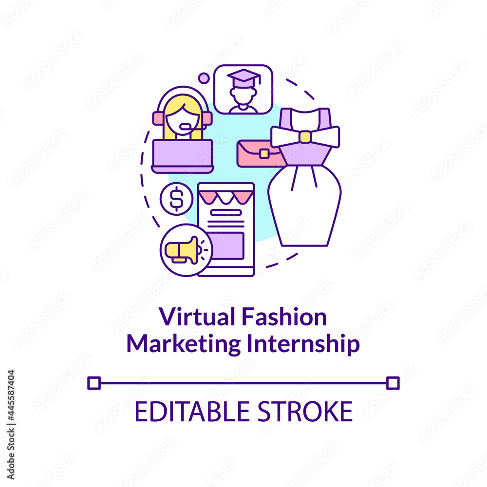 Virtual fashion marketing internship concept icon. Top remote internship area abstract idea thin line illustration. Provide styling assistance. Vector isolated outline color drawing. Editable stroke Virtual fashion marketing internship concept icon. Top remote internship area abstract idea thin line illustration. Provide styling assistance. Vector isolated outline color drawing. Editable stroke