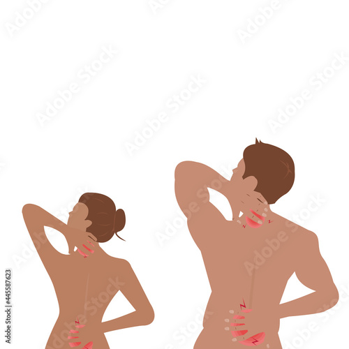 Back view of Young woman  and young man are standing and Use your right hand to hold the waist and left hand to hold the nape of the neck. Vector flat design concept for healthcare, sick or injury