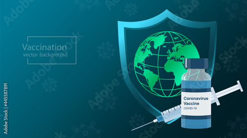 Vaccination banner with globe inside shield, vaccine vial, syringe and virus cell on dark navy blue background. Stop covid-19 pandemic in the world, global health protection concept, medical template.
