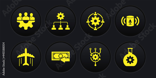 Set Plane, Voice assistant, Cash back, Algorithm, Outsourcing concept and Lead management icon. Vector