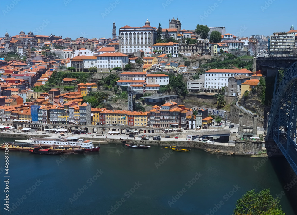 Cityscape of Porto with the Douro river in Portugal, aerial view