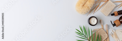 Zero waste, sustainable and eco-friendly lifestyle. Set of eco friendly natural cleaning products on white background. Flat lay, copy space