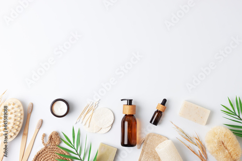 Zero waste, sustainable and eco-friendly lifestyle. Set of eco friendly natural cleaning products on white background. Flat lay, copy space