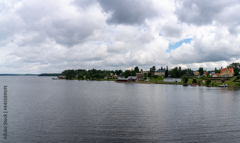 view of the small town of Stromsund on the Stroms Vattudal Lake in northern Sweden