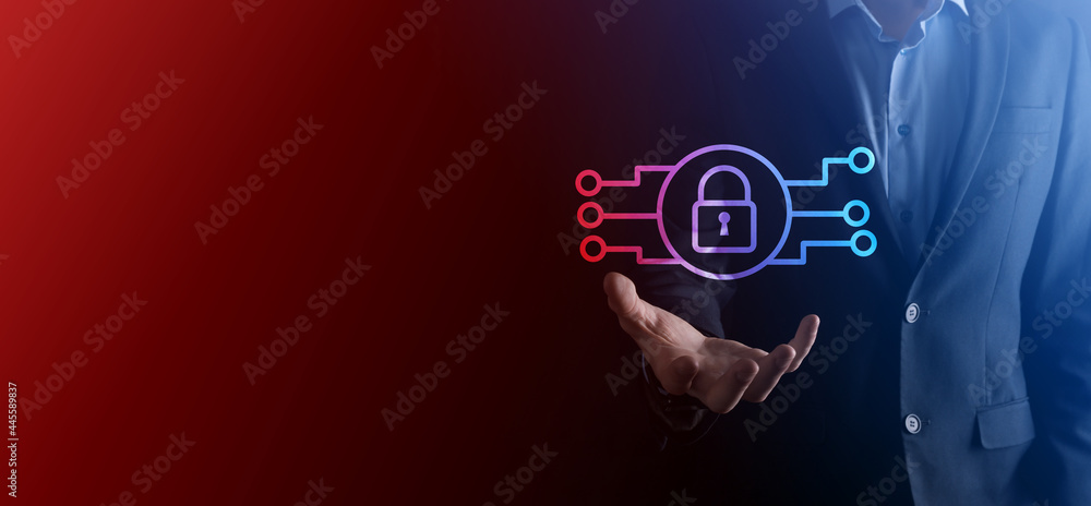 Cyber security network. Padlock icon and internet technology networking. Businessman protecting data personal information on tablet and virtual interface. Data protection privacy concept. GDPR. EU Cyber security network. Padlock icon and internet technology networking. Businessman protecting data personal information on tablet and virtual interface. Data protection privacy concept. GDPR. EU