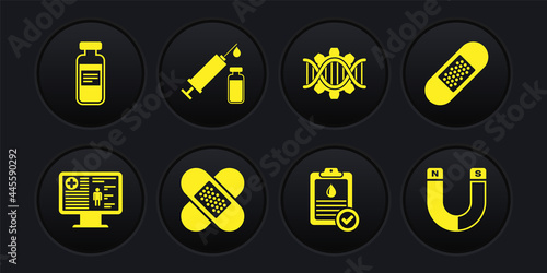 Set Clinical record on monitor, Bandage plaster, Crossed bandage, Clipboard with blood test, Genetic engineering and Medical syringe vial icon. Vector