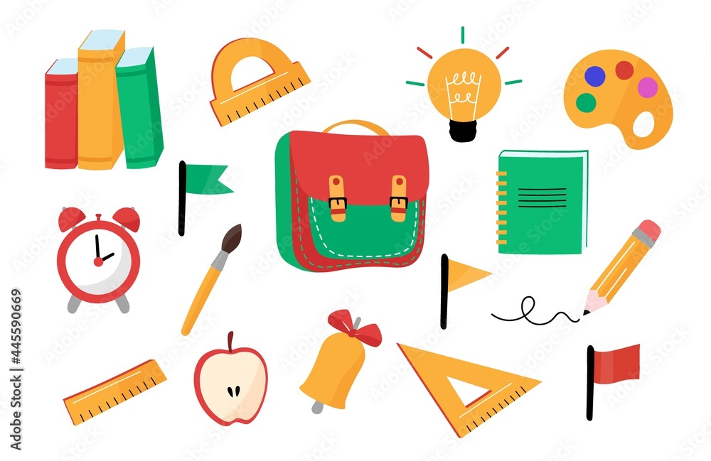 A set of flat icons on the theme of school and education. Vector illustration.