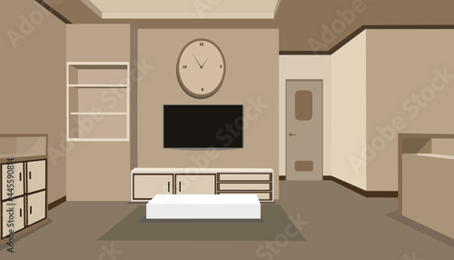 The interior design of the family room is equipped with a TV, wardrobe, wall clock, and with an elegant color combination. Illustrations vector design