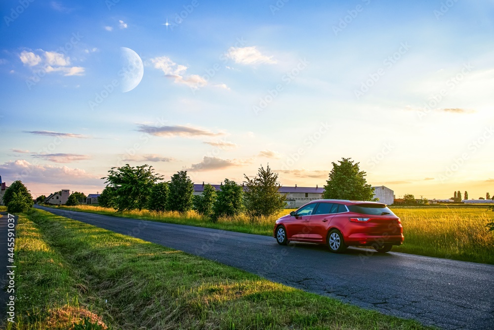 road home, rural landscape sky and moon