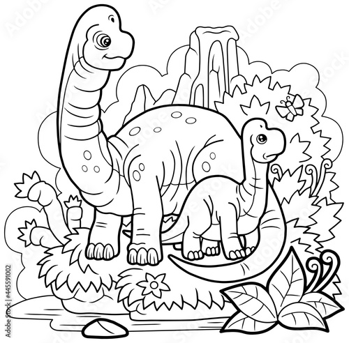 cartoon cute dinosaurs brachiosaurus, coloring page, outline illustration