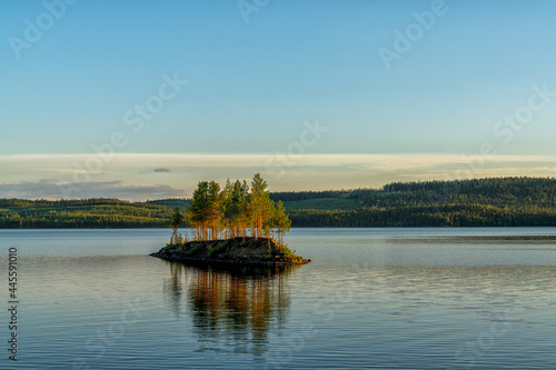 idyllic lake landscape with a small island with trees under a cloudless blue sky