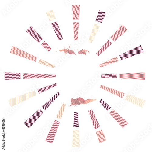 Virgin Islands sunburst. Low poly striped rays and map of the island. Elegant vector illustration.