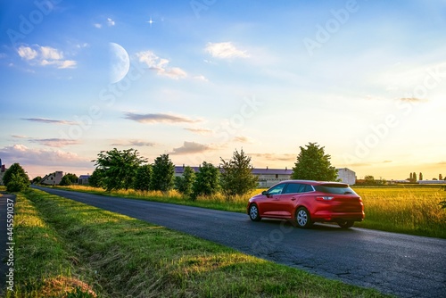 Obraz na płótnie road home, rural landscape sky and moon w salonie