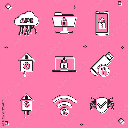 Set Cloud api interface, FTP folder and lock, Smartphone with, Retro wall watch, Laptop and USB flash drive icon. Vector photo