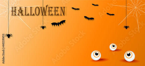 Illustration of Halloween orange background . Bats and eye on orange background.