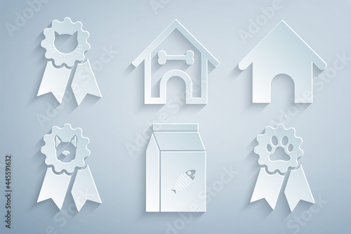 Set Bag of food for cat, Dog house, award symbol, Pet, and bone and Cat icon. Vector