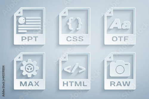 Set HTML file document, OTF, MAX, RAW, CSS and PPT icon. Vector