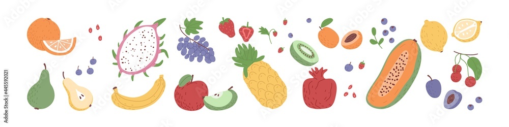 Set of fresh exotic fruits and berries. Collection of ripe pineapple, banana, papaya, apple, orange and pomegranate. Tropical summer food. Colored flat vector illustration isolated on white background Set of fresh exotic fruits and berries. Collection of ripe pineapple, banana, papaya, apple, orange and pomegranate. Tropical summer food. Colored flat vector illustration isolated on white background