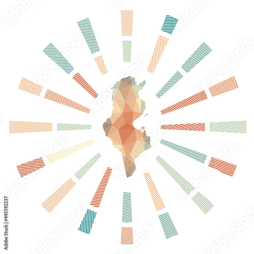 Tunisia sunburst. Low poly striped rays and map of the country. Classy vector illustration.