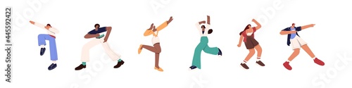 Set of happy people dancing for fun and joy. Modern young dancers in different poses. Excited cheerful man and woman rejoicing to trendy music. Flat vector illustration isolated on white background.