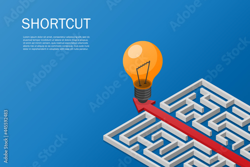 Red arrow route break out of maze to idea. Problem solving shortcut. Business and finance concept. Vector illustration isometric flat design. Creative light bulb to success on blue background.