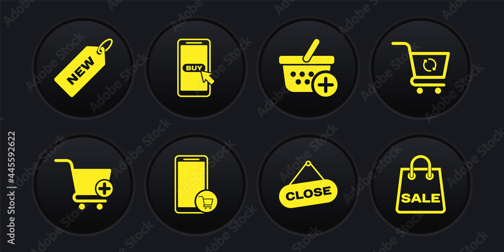 Set Add to Shopping cart, Refresh shopping, Mobile and, Hanging sign with Close, basket, bag Sale and Price tag New icon. Vector Set Add to Shopping cart, Refresh shopping, Mobile and, Hanging sign with Close, basket, bag Sale and Price tag New icon. Vector