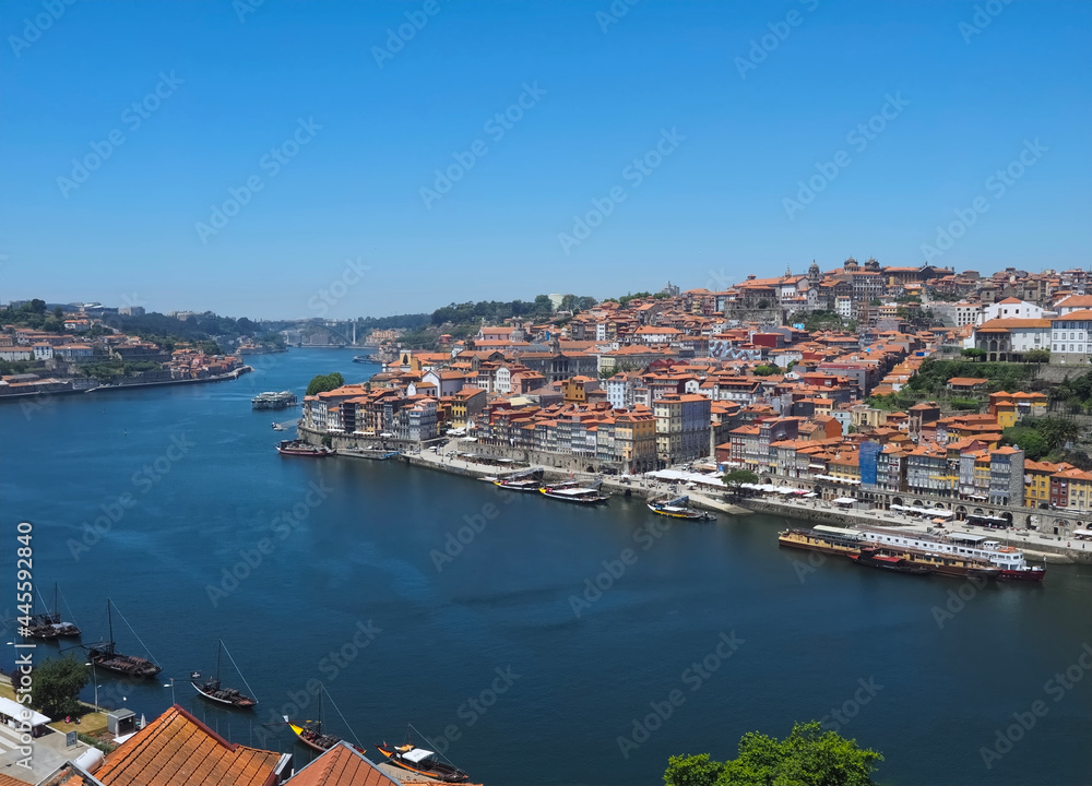 Cityscape of Porto with the Douro river in Portugal, aerial view