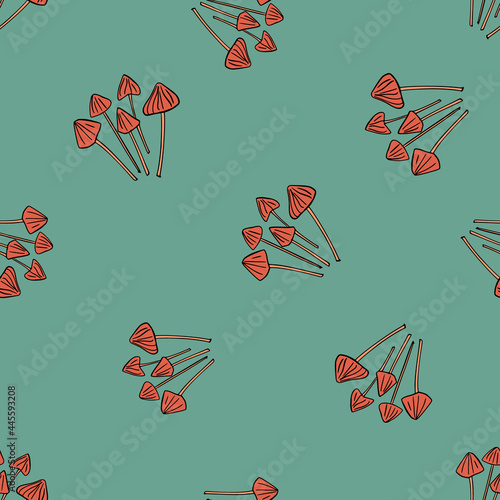 Red psilocybe semilanceata mushroom seamless pattern. Vegetable autumn food natural backdrop. Blue background. photo