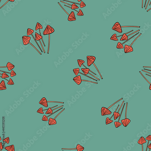 Red psilocybe semilanceata mushroom seamless pattern. Vegetable autumn food natural backdrop. Blue background.